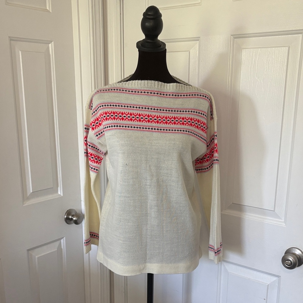 Vintage Cream Sweater with Red and Navy Accents